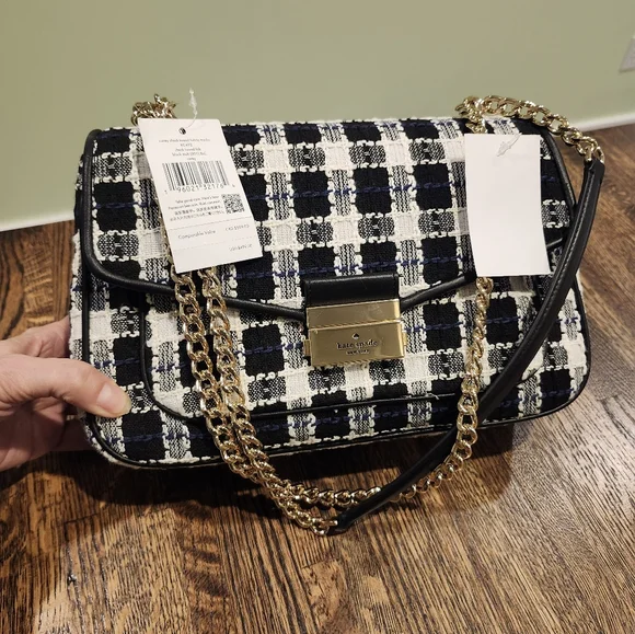 NWT Kate Spade Black, White, Blue Carey Checked Tweed Medium Shoulder Bag Chain - Picture 9 of 15